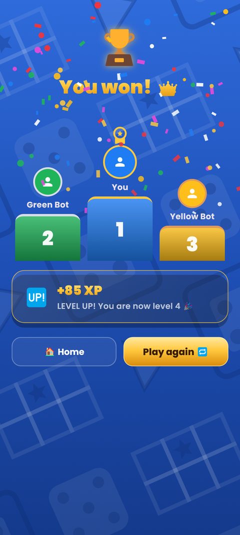 Winning screen with confetti and XP