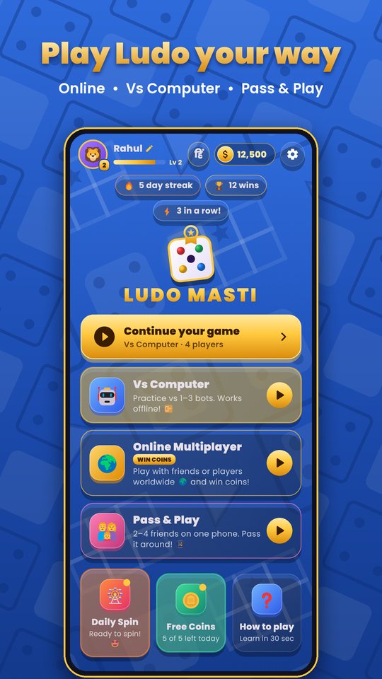 Ludo Masti home screen with game modes